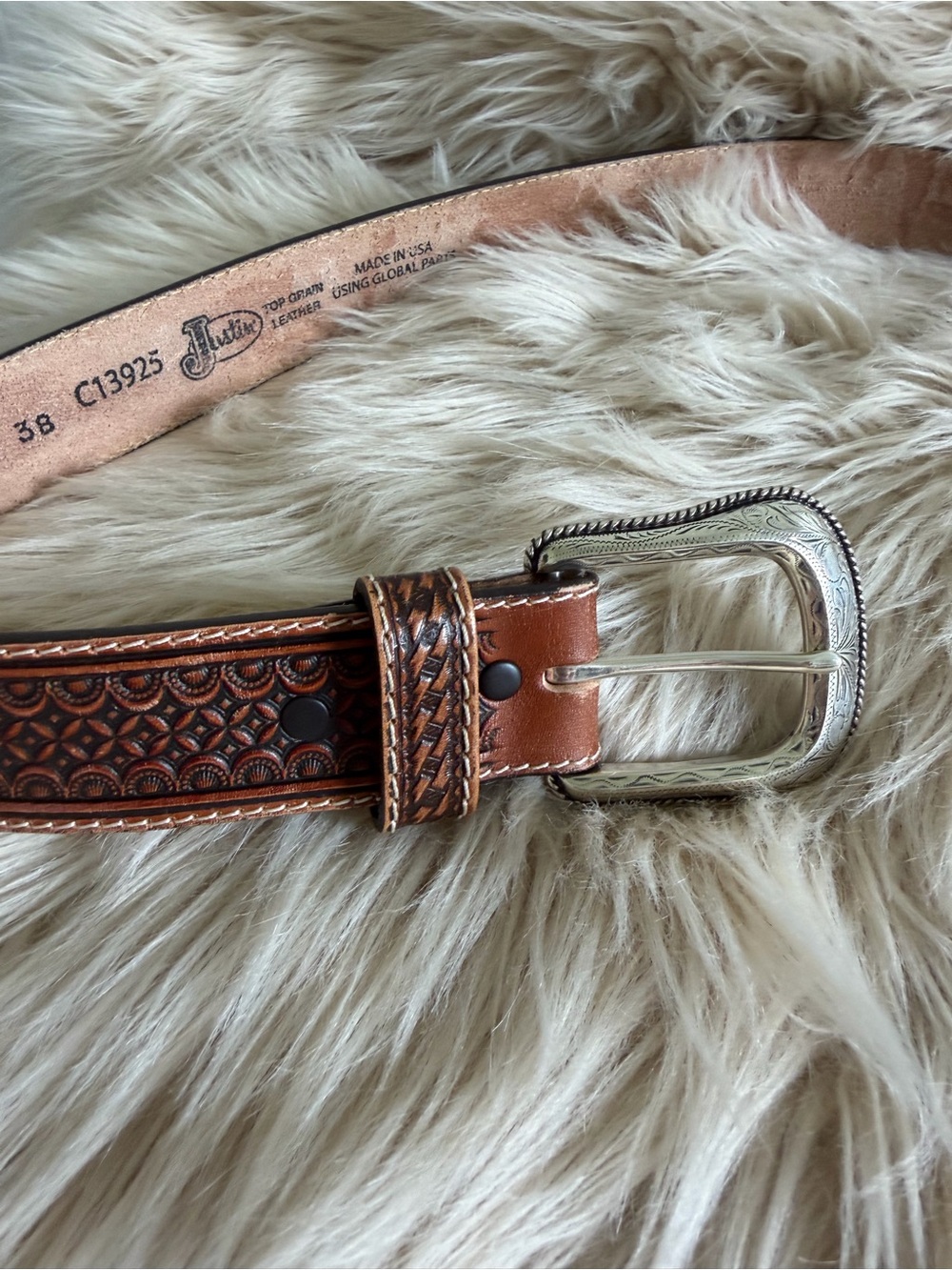 Justin Western Leather Belt Men’s 38 Brown Tooled Cowboy Rodeo USA top grain